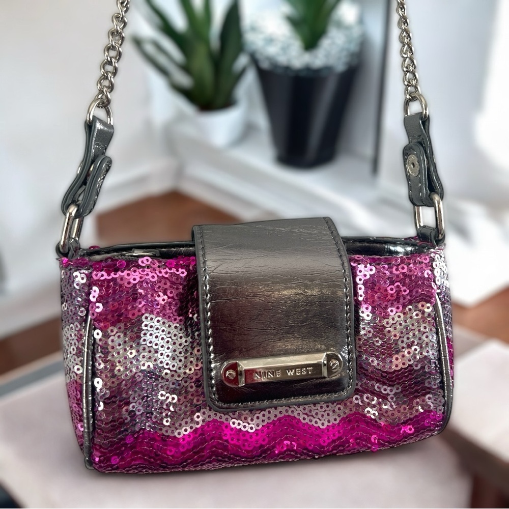 Nine West Glamorous Pink Silver Gray Metallic Sequins Shoulder Mini Bag Purse